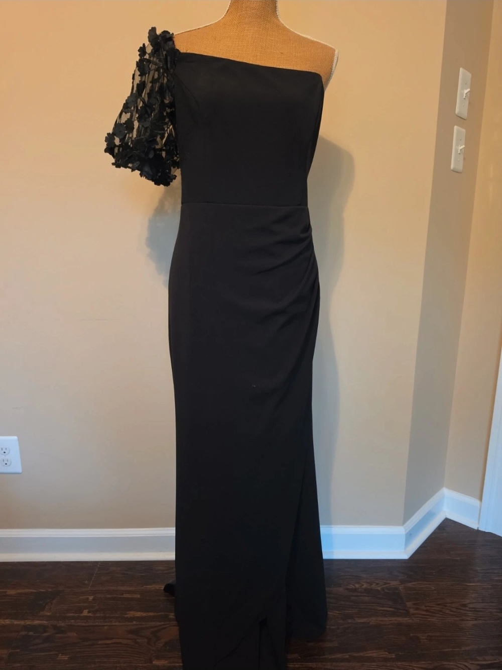 Xscape Black One-Shoulder Gown with Floral Statement Sleeve
